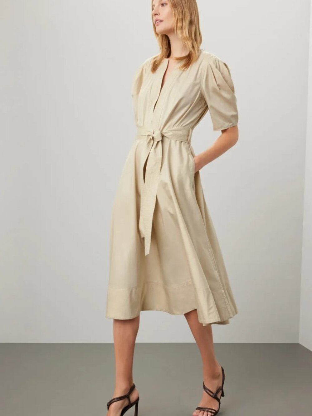 NWT Polo Ralph Lauren Puff Khaki Sleeve Midi Dress Sz 0 - Picture 4 of 5